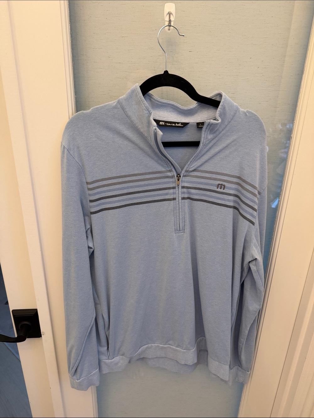 Travis Mathew Light Blue Quarter-Zip Pullover with Gray Stripes